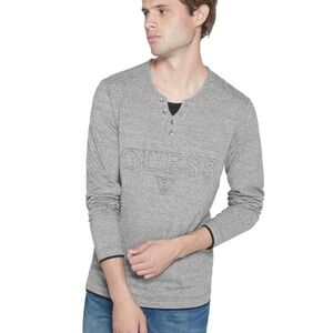 New GUESS Reese Logo Marled Henley Long Sleeve Shirt